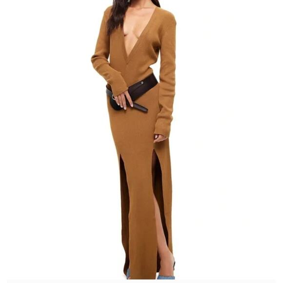 LIONESS | OPULENCE Brown Plunging V Neck Leg Split Sweater Knit Maxi Dress Small - Picture 1 of 6